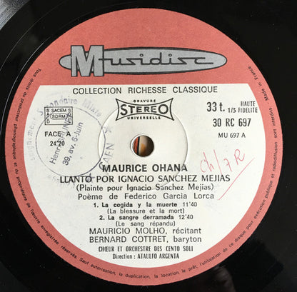 Maurice Ohana : Llanto Por Ignacio Sánchez Mejías - Sarabande (LP)