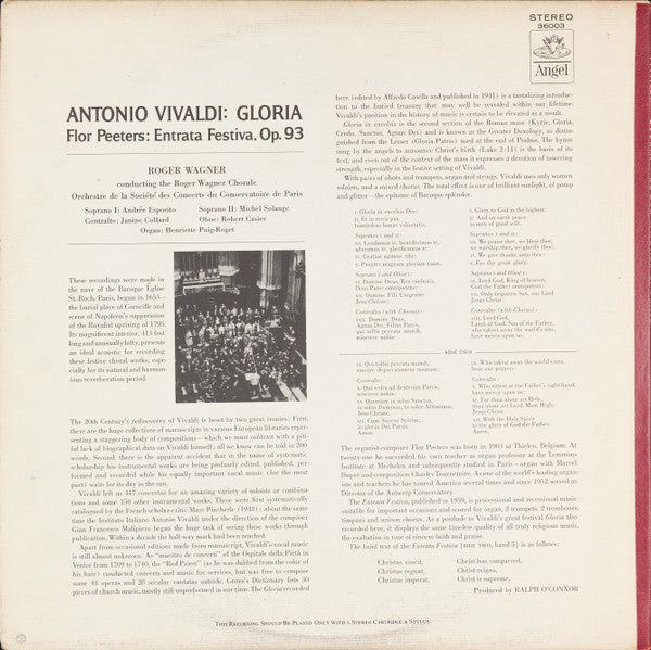 The Roger Wagner Chorale, Antonio Vivaldi, Flor Peeters : Gloria / Entrata Festiva (LP, Album)