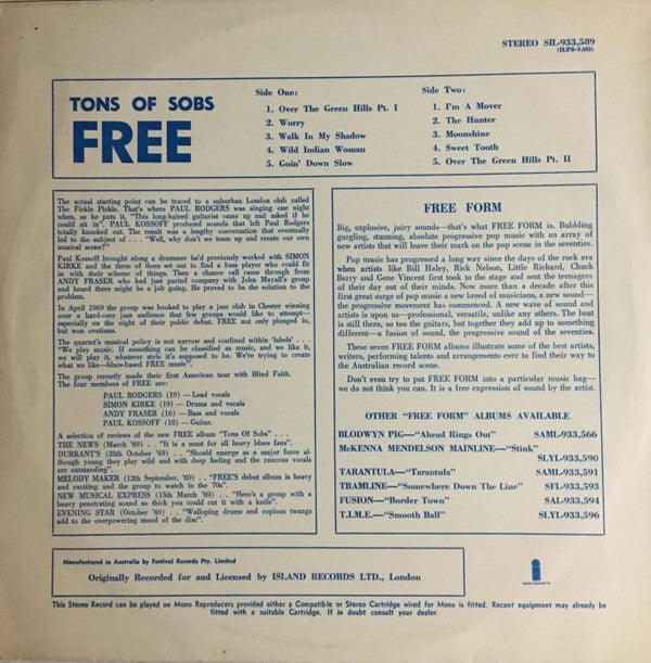 Free : Tons Of Sobs (LP, Album, RE)