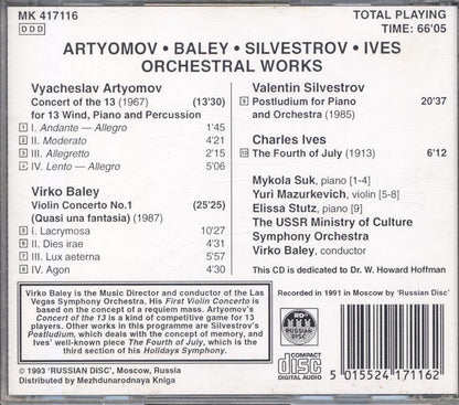 Vyacheslav Artyomov ·  Virko Baley ·  Valentin Silvestrov ·  Charles Ives, Mykola Suk, Yuri Mazurkevich, Elissa Stutz, Virko Baley : Orchestral Works (CD, Album)