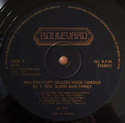 Various : Million Copy Hit Songs Made Famous By T. Rex, Slade And Sweet (LP, Comp)