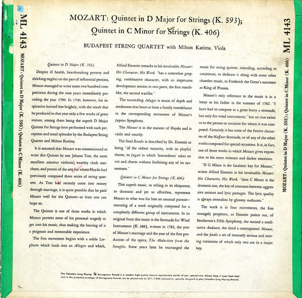Wolfgang Amadeus Mozart - Budapest String Quartet With Milton Katims : Quintet In D Major For Strings (K. 593) / Quintet In C Minor For Strings (K. 406) (LP, Mono)