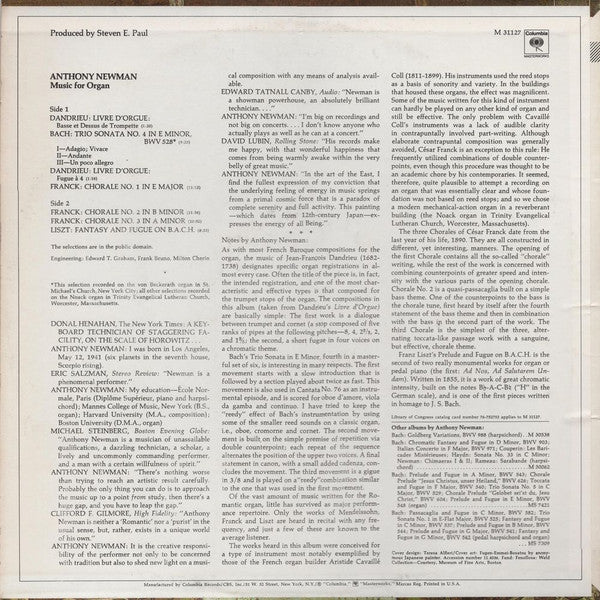 Anthony Newman, Johann Sebastian Bach, César Franck, Franz Liszt, Jean-François Dandrieu : Music For Organ (LP)