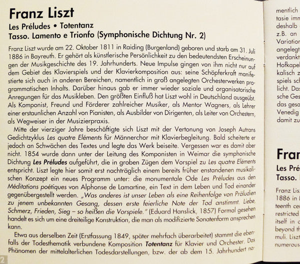 Franz Liszt - Sinfonieorchester Des Südwestfunks, Zoltán Peskó • Jitka Čechová (2) : Les Preludes • Totentanz • Two Transcriptions By Heinz Holliger • "Tasso. Lamento E Trionfo." (CD, Album)