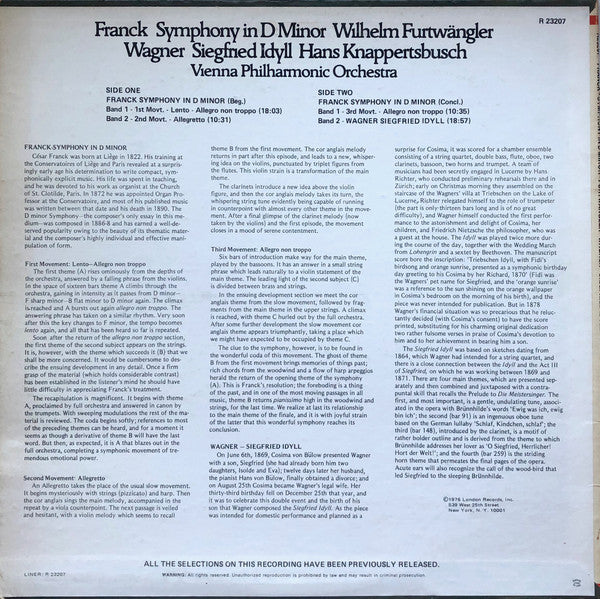 César Franck / Richard Wagner – Wilhelm Furtwängler / Hans Knappertsbusch, Wiener Philharmoniker : Symphony In D Minor / Siegfried Idyll (LP, Comp, Mono)